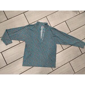American Cottons Teal Paisley Mock Neck Button Front Top Vintage Made in USA M